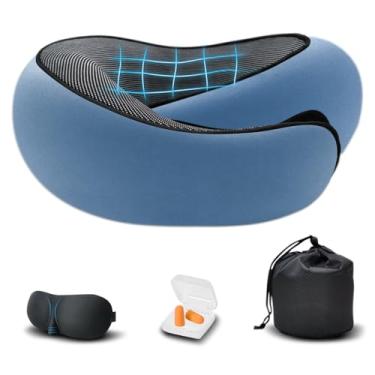 Imagem de Almofada de pescoço para aviões, espuma viscoelástica vem com bolsa de armazenamento, tampões de ouvido, máscara ocular para viagens, escritórios e carros, Azul