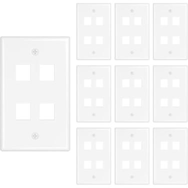 Imagem de Placa de parede individual – 4 portas RJ Keystone Faceplate, branca, com parafusos | Tamanho padrão, fácil instalação para conectores Ethernet/voz/dados, pacote com 10