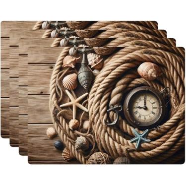 Imagem de Conjunto de 4 jogos americanos com suporte de cortiça, design de decoração de cozinha e mesa de jantar 30,5 x 40,6 cm (corda náutica)