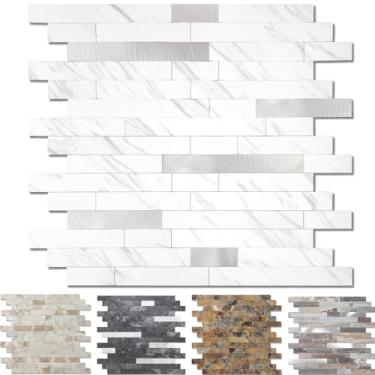 Imagem de Yipscazo 10 folhas de revestimento de azulejo de metal de pedra, cole em azulejos para cozinha, banheiro, lavanderia, acampamento, lareira (30 x 30 cm, pedra branca com metal)