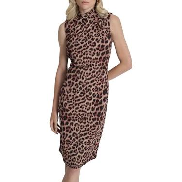 Imagem de DKNY Vestido midi feminino sem mangas com gola redonda torcida na frente, Travertino Multi, 46