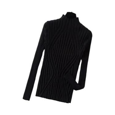 Imagem de Suéter Feminino De Tricô Gola Alta Slim Fit Preto Pulôver Básico Outon