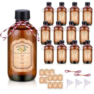 Imagem de Pacote com 12 frascos de vidro âmbar para extrato de baunilha, frascos caseiros de extrato de baunilha de 118 ml, garrafa redonda marrom Boston com tampas e adesivos, recipiente de armazenamento de