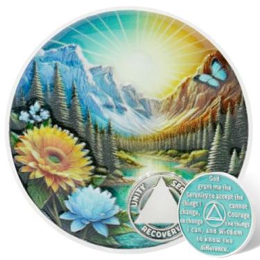 Imagem de Leafence Moeda AA Sobriedade Serenidade Oração Recuperação Chip Montanha e Natureza Design Medalhão AA Inspirador Sobriedade Token para Marcos de Recuperação (Daylight Mountain Sunrise, 0 Year-Blank)