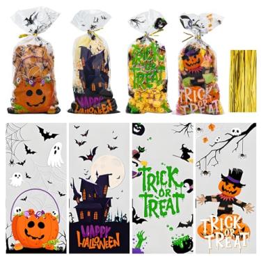 Imagem de Aubeco 120 sacos de doces de celofane transparente de 26 x 12 cm com laços dourados torcidos para festas de doces ou travessuras, lanches, embalagem de biscoitos