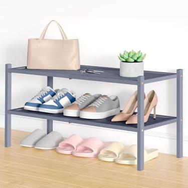 Imagem de Smiry Sapateira de bambu, organizador de sapatos de 2 camadas para entrada e armário, prateleira empilhável de armazenamento livre para sapatos, bolsas e plantas, cinza