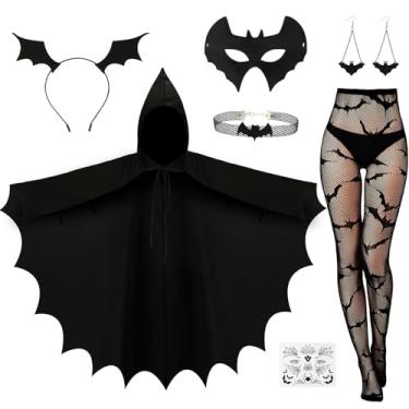 Imagem de BOARDFEB 7 Pcs Halloween Bat Costume Set, Bat Wings Cloak Robe Hooded Cape Accessory Mask Ears Headband Earrings Necklace Stockings for Women Masquerade Dragon Vampire Witch Costume Cosplay