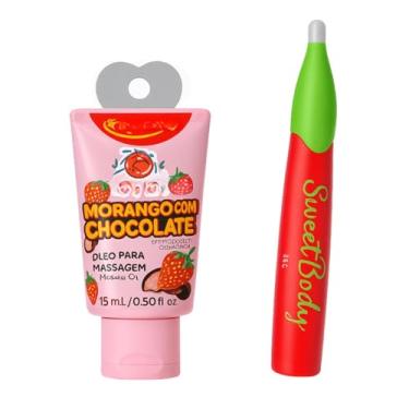 Imagem de Kit Sensual Duplo Prazer – Óleo Beijável Morango com Chocolate 15g + Caneta Comestível Morango para Massagem, Escrita no Corpo e Jogos Eróticos