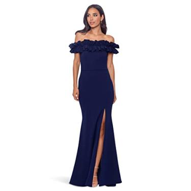 Imagem de Xscape Vestido longo de crepe com babados sobre o ombro, Azul marino, 15