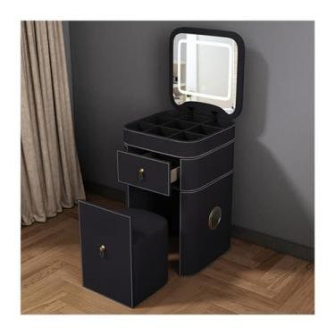 Imagem de Escrivaninha de penteadeira Vaidade de maquiagem para espaço pequeno aparência couro artificial mesa conjunto penteadeira com espelho iluminado ajustável fezes almofadadas(Preto)