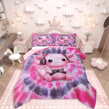 Imagem de Erosebridal Conjunto de edredom solteiro com axolotl rosa kawaii para jogar videogame, desenho animado salamandra, para quarto de meninas, adolescentes e adultos, 2 peças