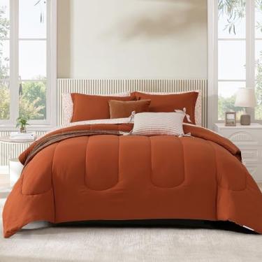 Imagem de Monbix Conjunto de edredom King Size – 7 peças de cama king size, conjunto de cama king com costura de trilha laranja queimado, conjunto de cama alternativo para todas as estações com lençóis