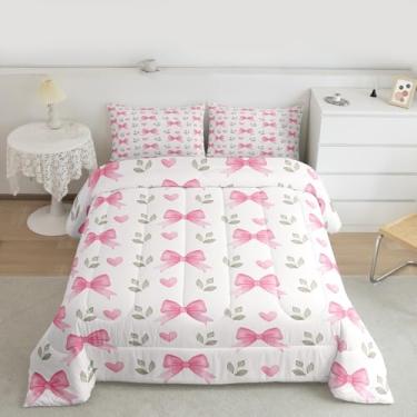 Imagem de jejeloiu Conjunto de edredom com laço rosa para meninas, tamanho casal, princesa, sonhador, para crianças, meninos, gravata borboleta, edredom com folhas, decoração de quarto, 3 peças com 2 fronhas