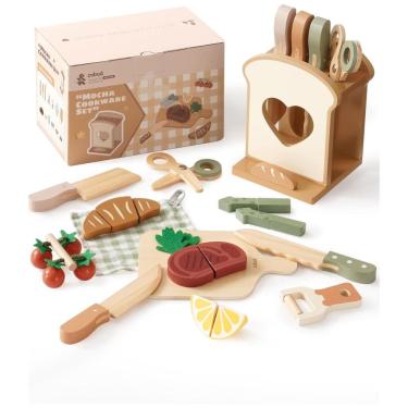 Imagem de Kit de Facas de Cozinha Infantil ROBUD 16 peças em Madeira, Brinquedo de Cozinha Montessoriano para Crianças, Presente de Role Play