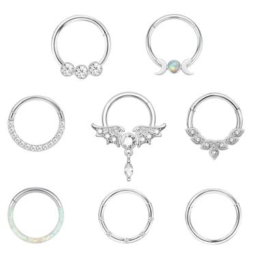 Imagem de 8 argolas de nariz, argolas de aço cirúrgico 316L, anéis de septo, zircônia cúbica, opala torcida, piercing de nariz, argola, hélice, cartilagem, daith, tragus, pijama, piercing corporal, para