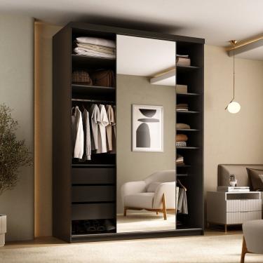 Imagem de Guarda-roupa Closet Solteiro 100% Mdf 139cm com 1 Porta Espelho 3 Gavetas Sion Preto