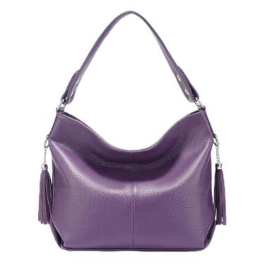 Imagem de Bolsa feminina moderna macia de couro genuíno com borla feminina de ombro bolsa carteiro Hobo, Roxa, length*height*width=37x27x10cm