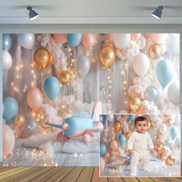 Imagem de Pano de fundo para festa de aniversário de bebê, 25 x 2 m, brinquedo de avião, balão, nuvens, quadro de madeira, cenário de parede, chá de bebê, primeira viagem, fotografia, aniversário, retratos de