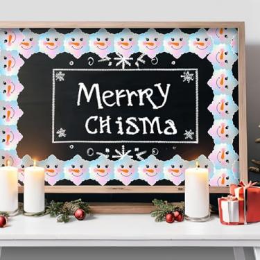 Imagem de Borda de quadro de avisos de Natal, holográfico, forma de floco de neve, rosto de boneco de neve, acabamento de borda enrolada para decoração de parede de quadro-negro de Natal e inverno