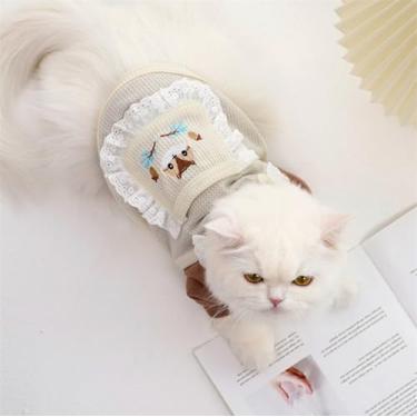 Imagem de Camiseta fofa de cachorro, moletom, roupas, babador, para gatos, filhotes, colete de animal de estimação com alças de anel em D - acabamento de renda primavera/verão fantasia de cachorro/gato branca
