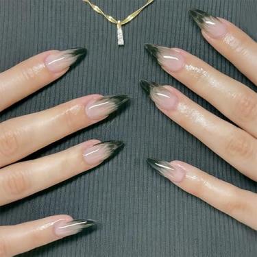 Imagem de Kit de unhas de pressão médio longo amêndoa ombré preto conjunto de unhas falsas com design cobertura completa cola em bastão falso artificial em unha de acrílico para mulheres 24 peças