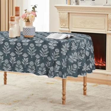Imagem de Horaldaily Toalha de mesa de primavera 152 × 213 cm, oval, azul-petróleo escuro, tradicional, padrão botânico, margarida, lavável, sazonal, para decoração de festa, piquenique, jantar