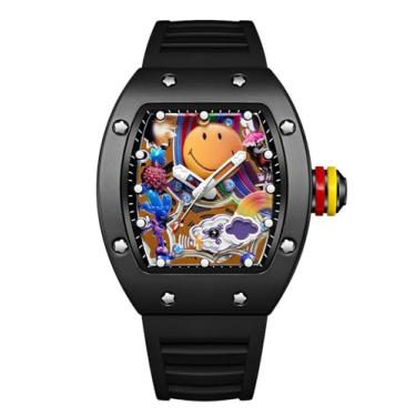 Imagem de Gosasa Relógio masculino moderno colorido com rosto sorridente – Relógio de pulso masculino Tonneau criativo moderno com pulseira de silicone, design luminoso exclusivo para presente, Preto, Exclusivo