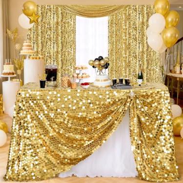 Imagem de B-COOL Toalha de mesa de lantejoulas douradas decorações de festa: tecido de mesa para aniversário, retangular, formatura, confetes, ambientes internos, externos, bolo, sobremesa, centros de mesa