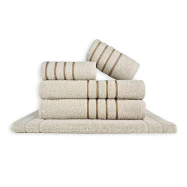 Imagem de Jogo de Toalhas de Banho 5 Peças 100% Algodão – 2 Toalhas de Banho Grandes e Macias + 2 de Rosto + 1 Tapete Antiderrapante para Banheiro (Bege)