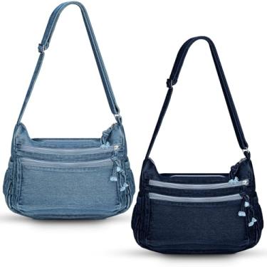 Imagem de Cosblank 2 bolsas jeans pequenas bolsas transversais bolsa de ombro jeans ajustável retrô bolsas para celular para mulheres, Azul claro e azul escuro, Estilo vintage