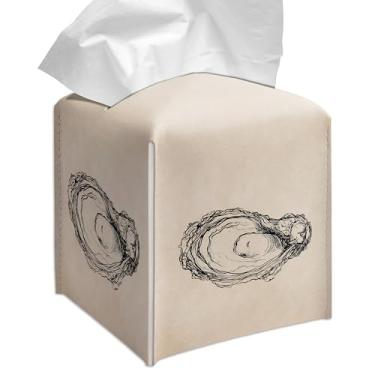 Imagem de Grace Yonks Capa quadrada de caixa de lenços minimalista - Oyster Line Art Design Suporte de couro PU de 13 cm para penteadeira, mesa ou balcão de banheiro - Estojo cubo para lenços faciais. (112)