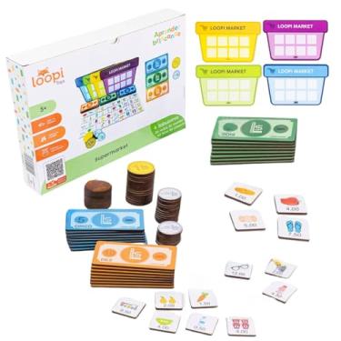 Imagem de Jogo de Tabuleiro Supermercado Educativo em Madeira, 4 Tabuleiros, para Crianças 5+ Anos, com 24 Notas, 52 moedas e 40 Itens de Compras