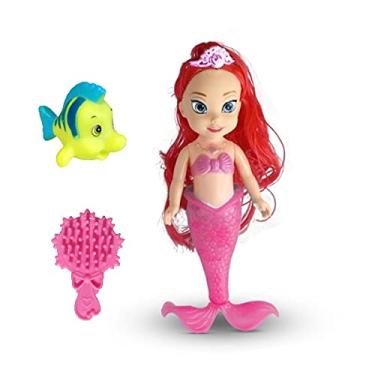 Imagem de Brinquedo Boneca Ariel Pequena Sereia com Cauda Iluminada Linguado e Acessórios Rosa
