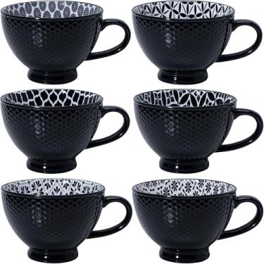 Imagem de LEHAHA Conjunto de 6 canecas de café, canecas de cerâmica com pés de 400 ml, xícaras de café pretas de porcelana com alça para homens e mulheres para café, chá, cappuccino, cacau, cereal, preto