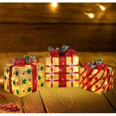 Imagem de GLOWNOVA 35,5 cm + 30,5 cm + 23,5 cm + 23,5 cm de caixas de presente de decoração de Natal, 91 luzes de LED com padrões de floco de neve e estrelas, ornamentos perfeitos para decoração de natal e lareira