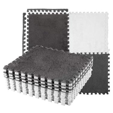 Imagem de lyrlody Tapete de Espuma de Pelúcia, 10 Peças de Corais de lã Intertravado Tapete Quadrado Cortável Antiderrapante para Quarto Sala de Estar 30x30cm (Branco cinzento)
