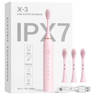 Imagem de Escova de Dente Elétrica Recarregável USB Escova Dental Ultrassônica IPX7 6 Modos de Escovação Escova de Dentes Elétrica Portátil Com 3 Cabeças Substituíveis À Prova D’água (Rosa)