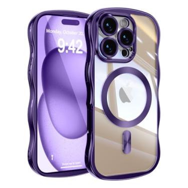 Imagem de UEEBAI Capa para iPhone 16 Pro Max, linda capa de celular magnética com moldura ondulada compatível com Magsafe, capa de telefone galvanizada macia para mulheres e meninas - roxa