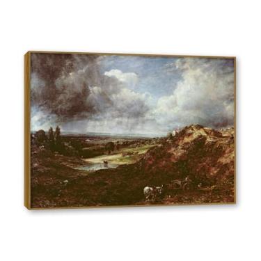 Imagem de Moldura de madeira de teca. Mural com moldura de madeira maciça John Constable Pintura de paisagem Arte de romance Arte de parede elegante emoldurada. (Ponte de montanha de Branch). 70 x 90 cm