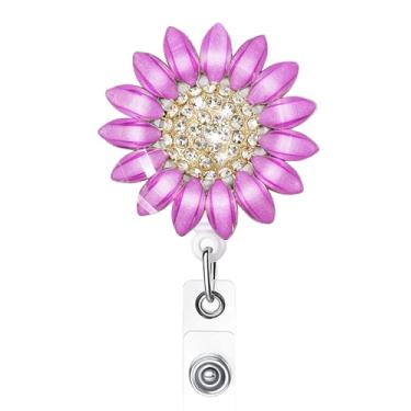 Imagem de Ascrafter Porta-crachá retrátil de flor de luxo com clipe jacaré, carretel de crachá de identidade, porta-cartões (roxo)