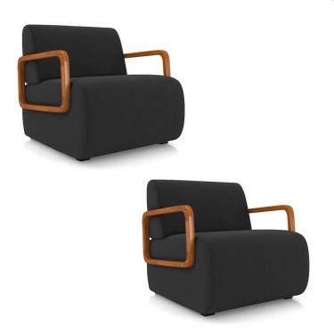Imagem de Poltrona Sala De Estar Braço De Madeira Kit 2 Hellen Veludo K01 - D'rossi Cor Preto