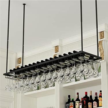 Imagem de Bar Wine Rack Restaurante Teto Garrafas de Vinho, Suporte de Taça de Vinho Pendurado, Prateleira de Vidro de Taça Prateleira de Armazenamento de Metal, Altura Ajustável, Preto (Tamanho: 100 x 27 x 8