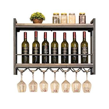 Imagem de Prateleiras de vinho vintage montadas na parede, unidade de bar de cozinha prateleiras flutuantes placa de madeira rústica suporte de garrafa de vinho suporte de garrafa de vinho de ferro de metal