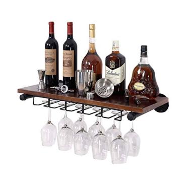 Imagem de Prateleiras de vinho montadas na parede Rack de madeira em bar Loft doméstico metal ferro pendurado na parede copo de vinho champanhe copo copo rack suporte de garrafa de vinho (tamanho: 70 x 24 cm)