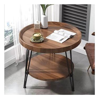 Imagem de Mesa lateral redonda para sofá, mesa de cabeceira pequena, mesa de cabeceira para ambientes internos e externos, bandeja de madeira com suporte de metal para sala de estar, quarto, escritório, espaços