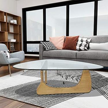 Imagem de Mesa de centro triangular com mesa de vidro temperado e base geométrica de madeira, mesas de canto modernas e mesas de chá laterais de sofá para sala de estar (amarelo)