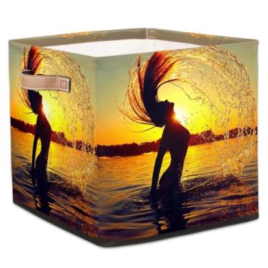 Imagem de hongjinglin Cestos dobráveis de armazenamento de cubo para mulher, sol do oceano, caixotes dobráveis para crianças, brinquedo com alças, organizador de tecido, cesto organizador para berçário, sala de