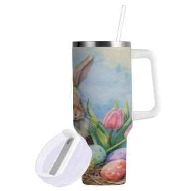 Imagem de Blueangle Copo de coelho de ovos de Páscoa em aquarela de 850 g com alça e tampa de palha, copo isolado, reutilizável, garrafa de água de aço inoxidável, caneca de viagem (438)