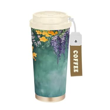 Imagem de SEHANY Caneca de viagem vintage com flores de jardim de 482 ml, copos de café reutilizáveis revestidos de cerâmica com tampa à prova de vazamento, parede dupla, isolamento a vácuo, copo de café de aço