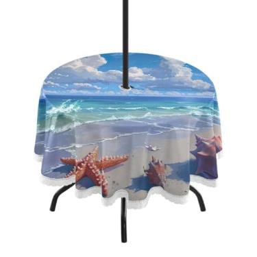 Imagem de Blueangle Toalha de mesa redonda de 152 cm à prova d'água com estrela do mar e coral com orifício para guarda-chuva - Tecido resistente à prova de sol para todos os climas para pátio, acampamento